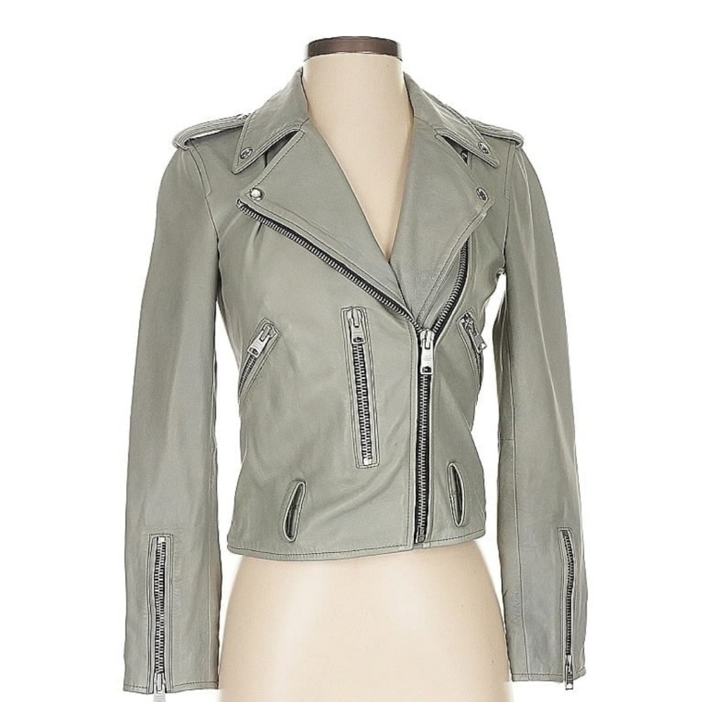 AllSaints Balfern Full Zip Leather Biker Moto Jacket Sage Green